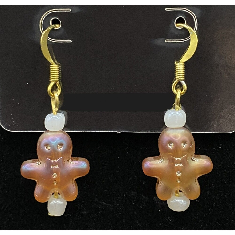 Handmade Glass Gingerbread Man with White Glass Bead Earrings by Neanie-Bot